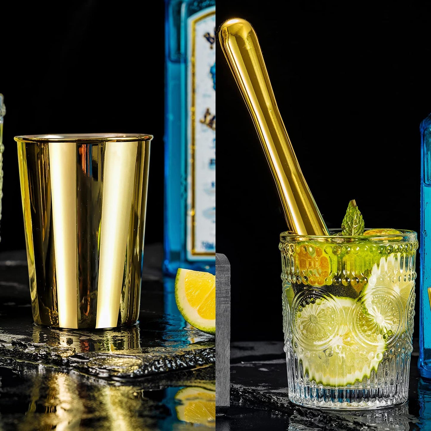 24-Piece Cocktail Shaker Set,Perfect Home Bartender Kit for Drink Mixing,Stainless Steel Bar Tools with Stand,Velvet Carry Bag & Recipes Cards Included (Gold)