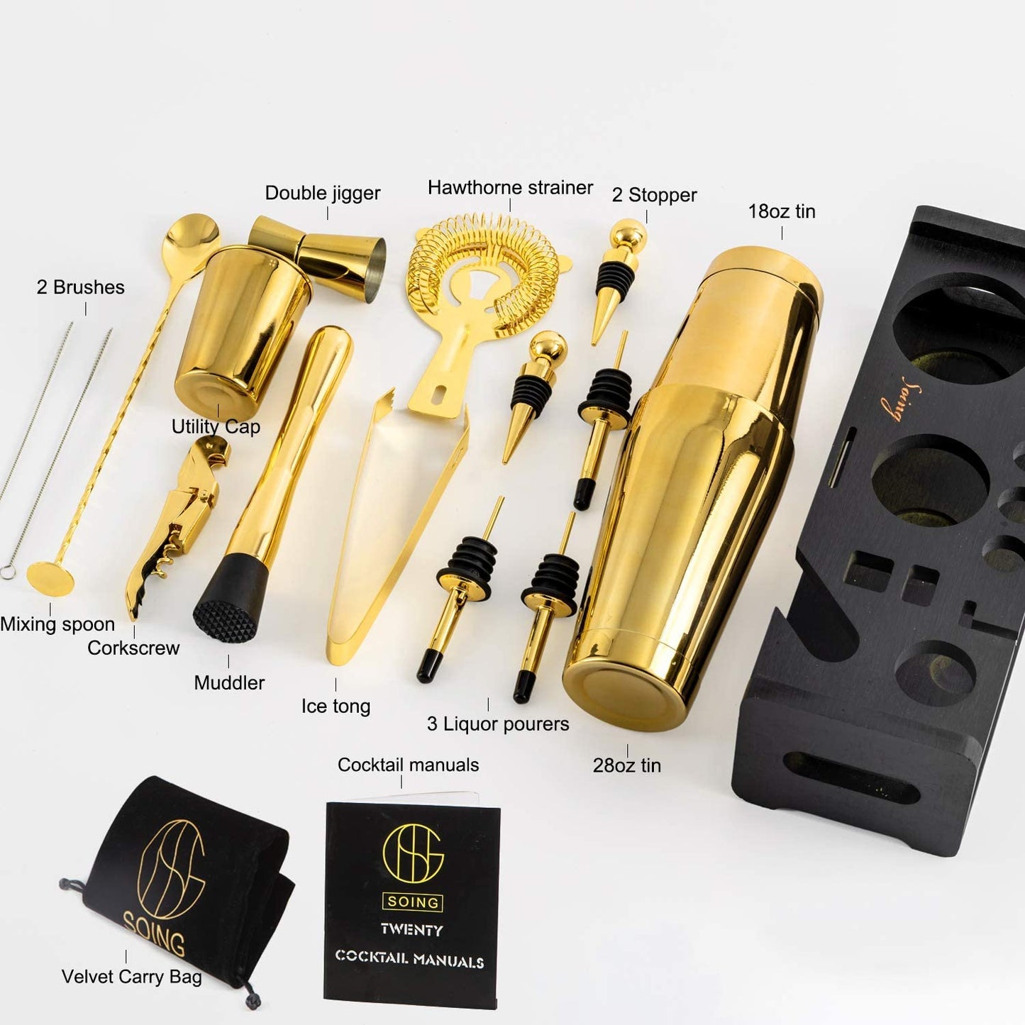 24-Piece Cocktail Shaker Set,Perfect Home Bartender Kit for Drink Mixing,Stainless Steel Bar Tools with Stand,Velvet Carry Bag & Recipes Cards Included (Gold)