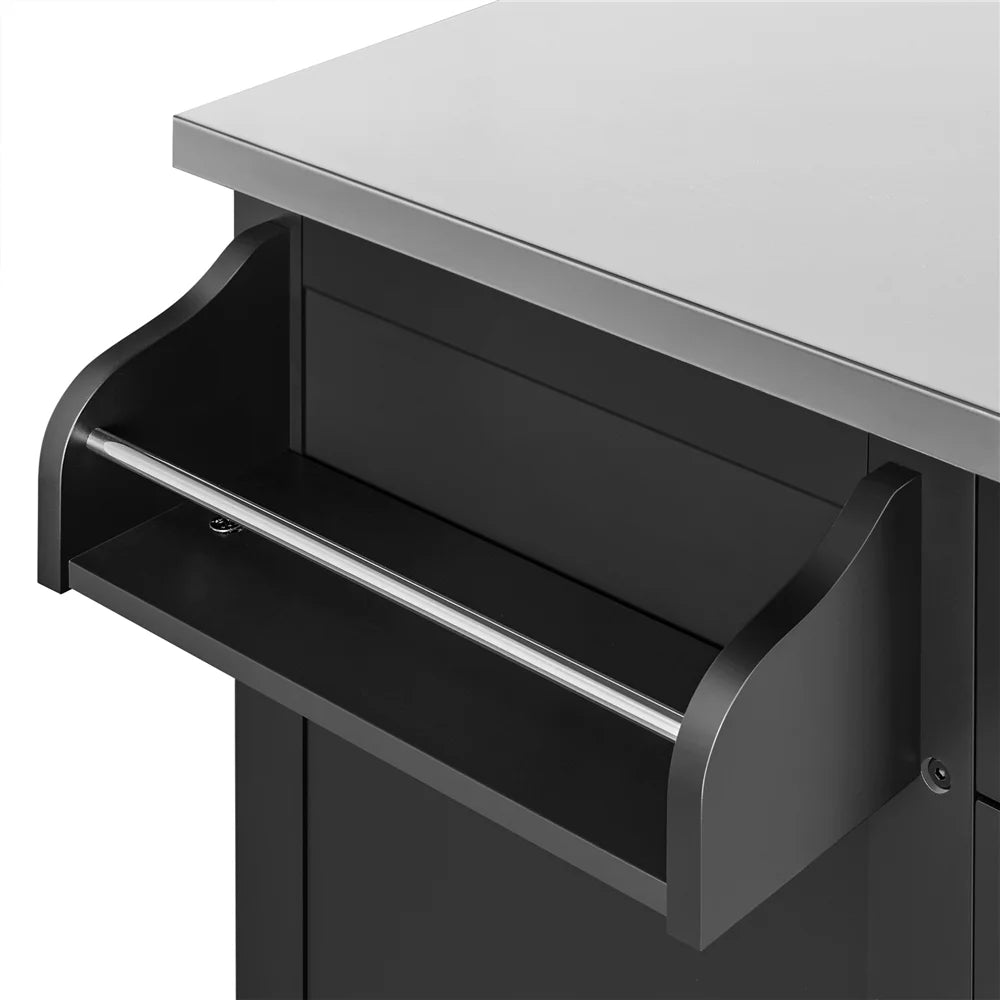 Kitchen Island Cart on Wheels with Stainless Steel Top & Open Shelves,Black