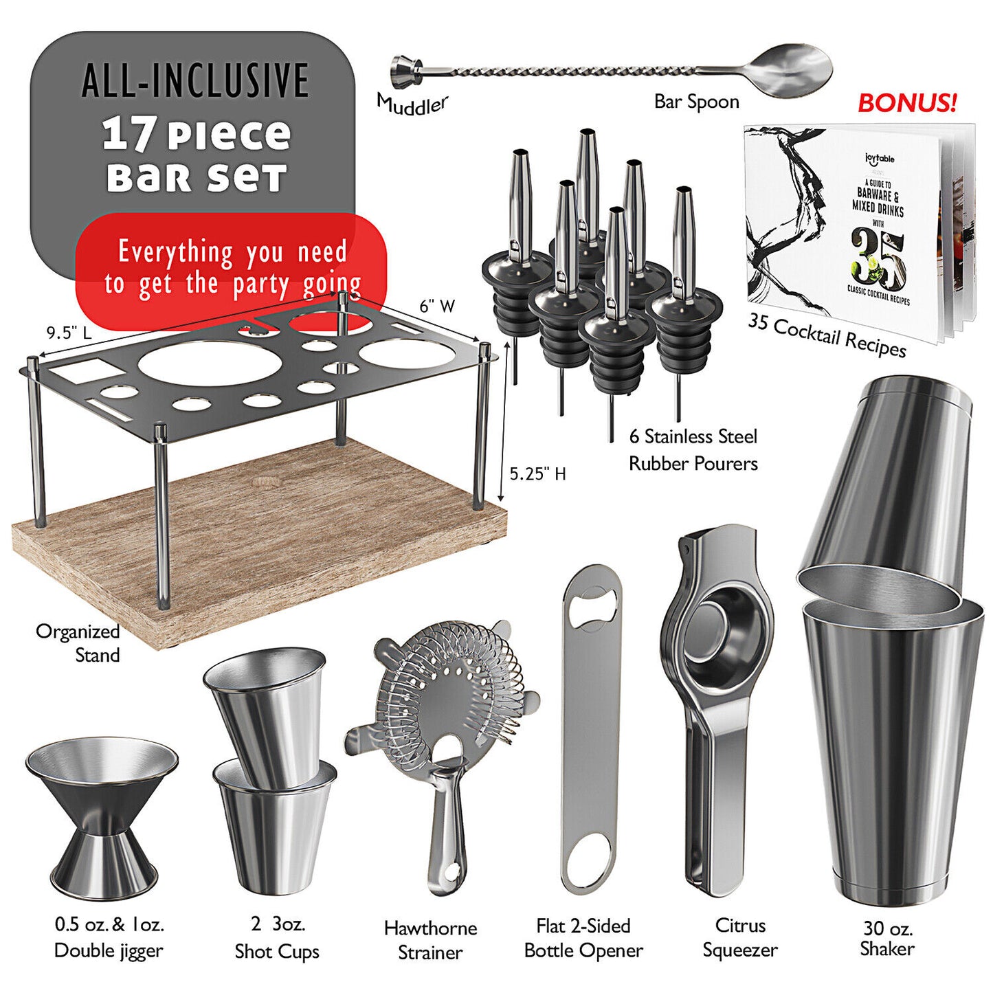 16 Pc+Stand Bartender Kit, Complete Cocktail Shaker Bar Tools Set & Recipe Book