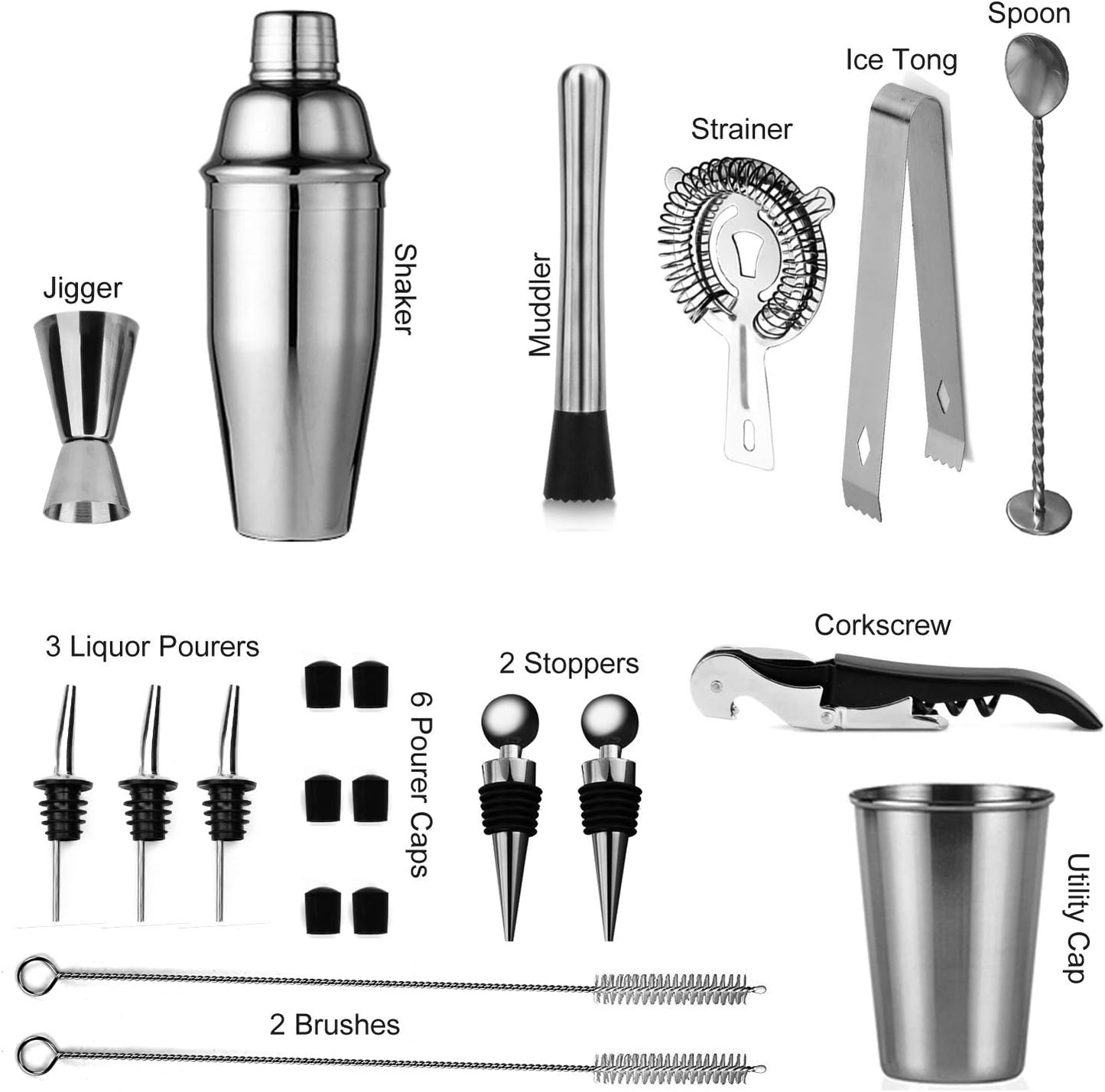 Silver 24-Piece Cocktail Shaker Set,Perfect Home Bartending Kit for Drink Mixing,Stainless Steel Bar Tools with Stand,Velvet Carry Bag & Recipes Included