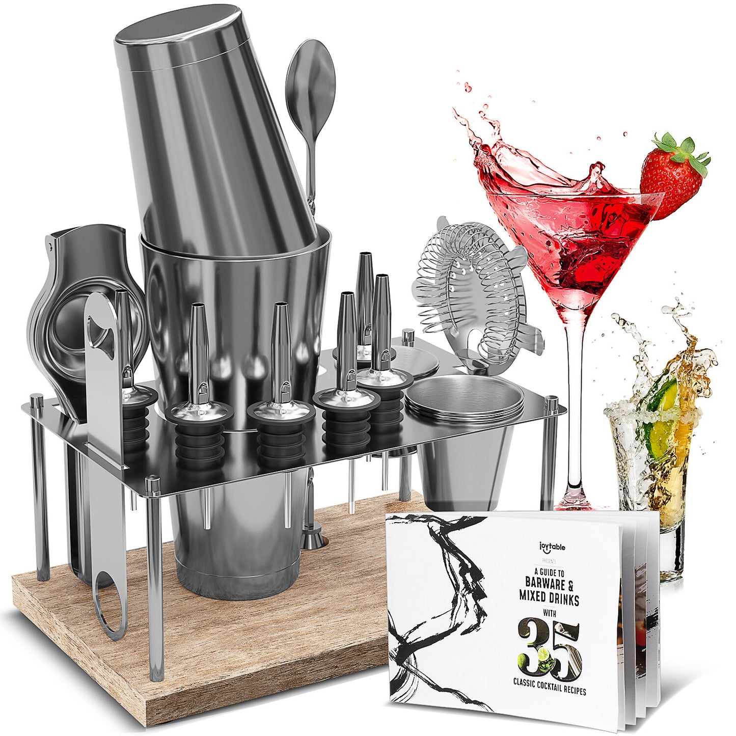 16 Pc+Stand Bartender Kit, Complete Cocktail Shaker Bar Tools Set & Recipe Book
