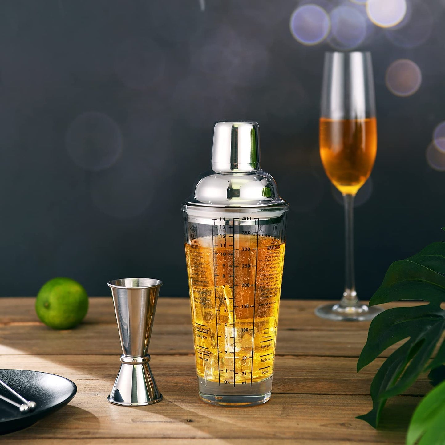 Glass Cocktail Shaker Printed with Recipes,14 Oz Martini Shaker with Double Measuring Jigger,18/8 Grade Stainless Steel Mixing Shaker,Leak-Proof Lid,Drink Shaker,Bartender Kit Gifts.