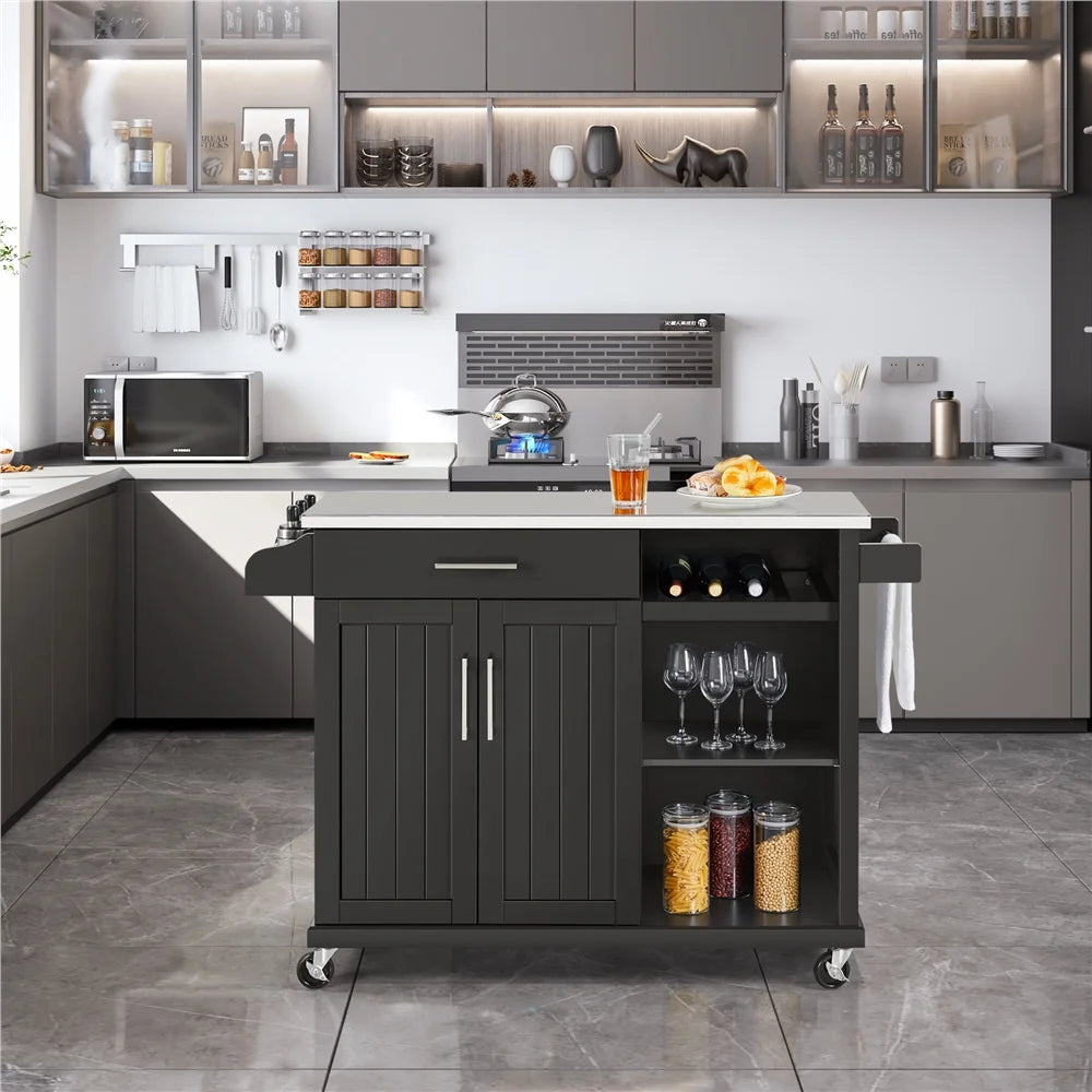 Kitchen Island Cart on Wheels with Stainless Steel Top & Open Shelves,Black