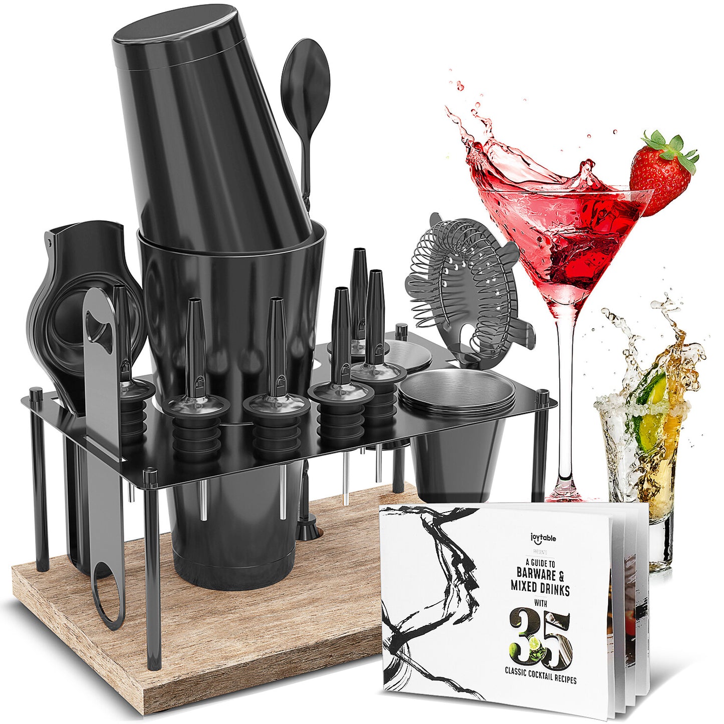 16 Pc+Stand Bartender Kit, Complete Cocktail Shaker Bar Tools Set & Recipe Book