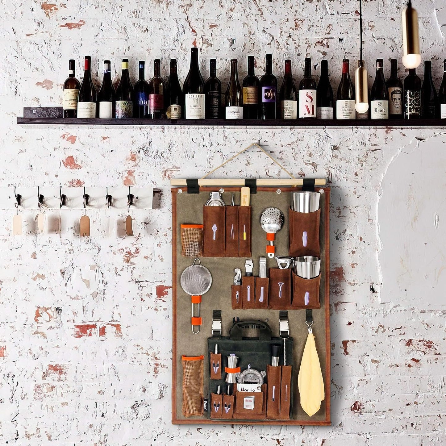 Bartender Wall Organizer with Bar Tool Set | Professional Bartender Kit with Waxed Canvas Organiser Including Portable Bar Bag for Cocktail Kit | Perfect for Home Bartending