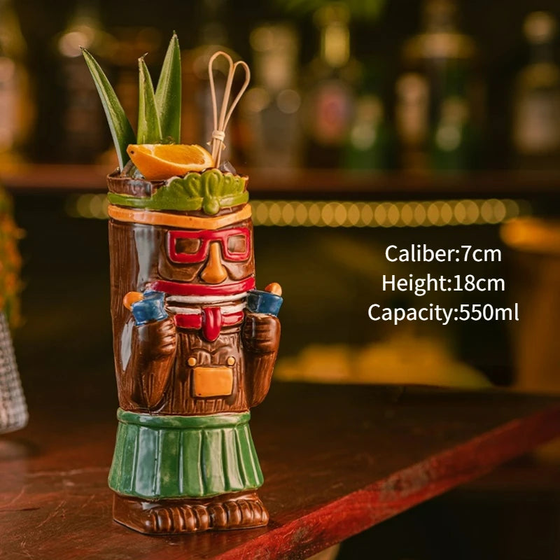 Hawaiian Style Brown Tiki Mug Creative Cocktail Mug Cup Zombie Ceramic Tiki Mug Drinkware Cup Mug for Tiki Bar Party