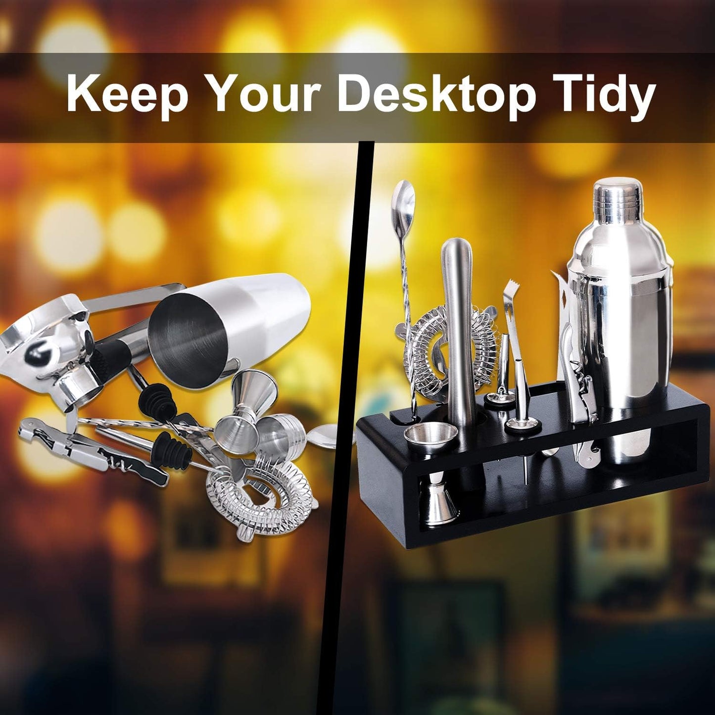 Bar Set Bartender Kit with Stand Stainless Steel Drink Mixer Set for Beginners Perfect Home Bartending Kit for an Awesome Drink Mixing Experience(Silver)