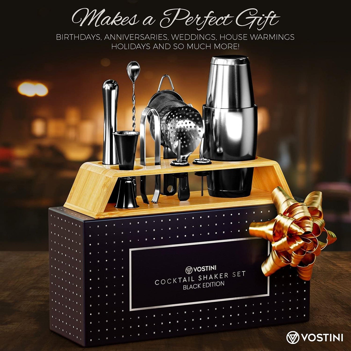 12-Piece Black Cocktail Shaker Set with Bamboo Stand, Weighted 18 & 28Oz Boston Shakers, Cocktail Muddler, Mixing Spoon, Double Jigger and Strainer Set, Perfect Bartending Mixing Kit