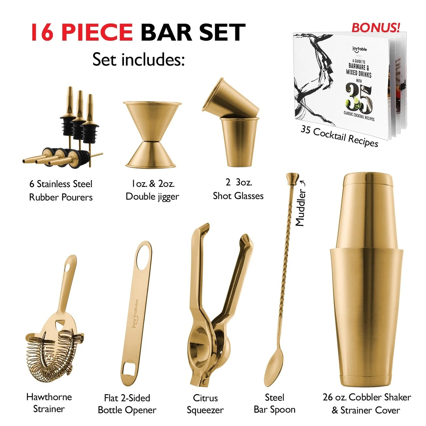 Bartender Kit - Cocktail Set Kit - Bartender Drink Mixer Shaker Bar Tool Set Gold 16 Piece Set