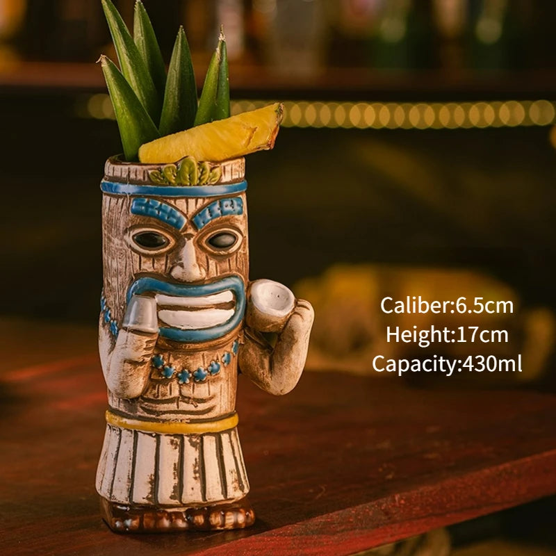 Hawaiian Style Brown Tiki Mug Creative Cocktail Mug Cup Zombie Ceramic Tiki Mug Drinkware Cup Mug for Tiki Bar Party