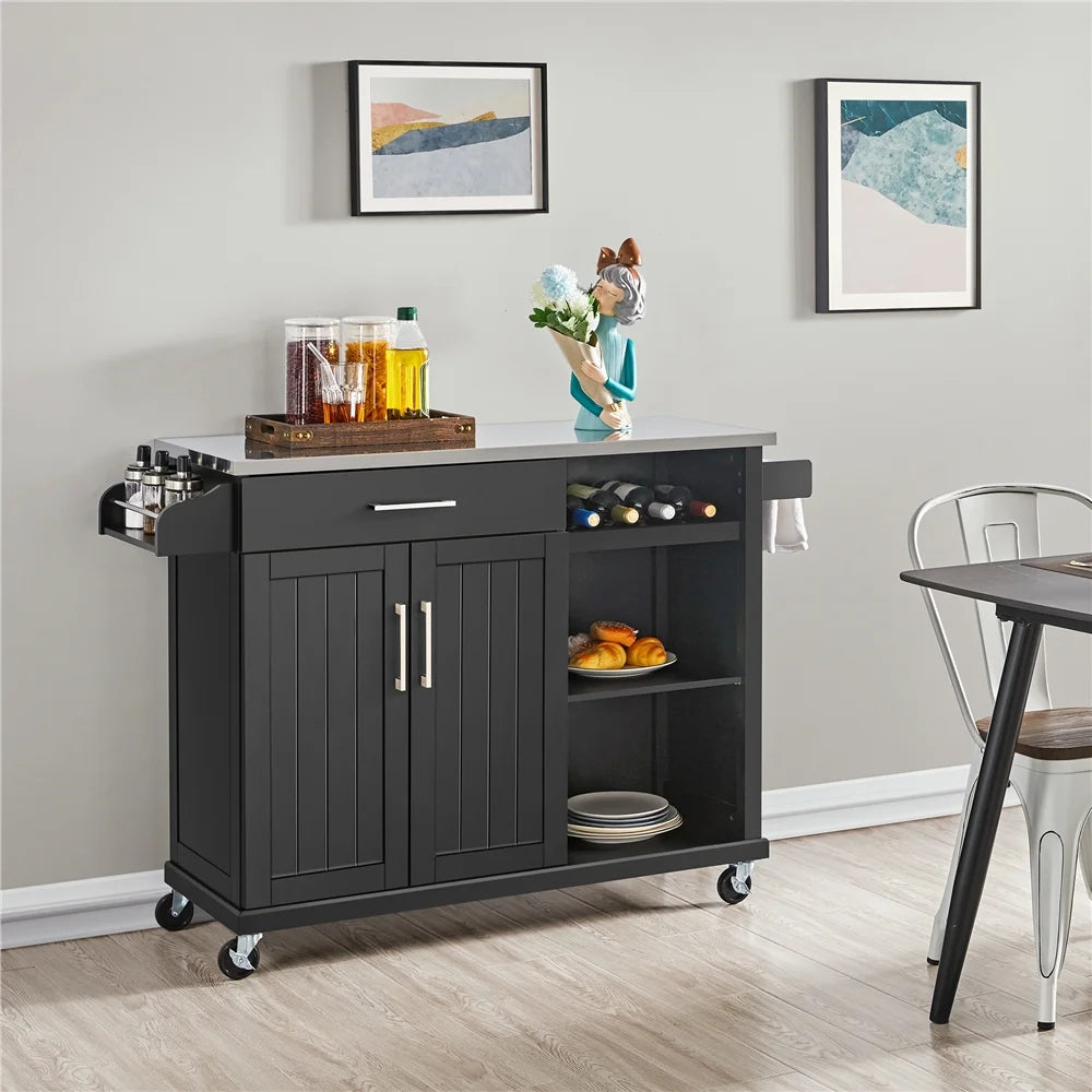 Kitchen Island Cart on Wheels with Stainless Steel Top & Open Shelves,Black