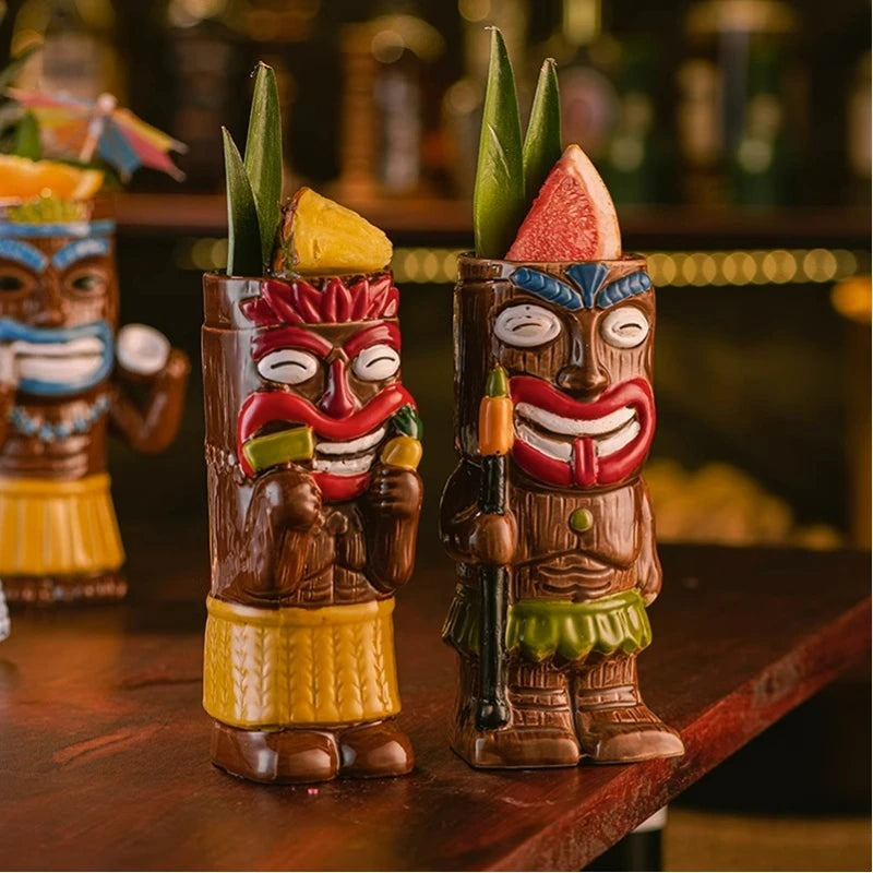 Hawaiian Style Brown Tiki Mug Creative Cocktail Mug Cup Zombie Ceramic Tiki Mug Drinkware Cup Mug for Tiki Bar Party