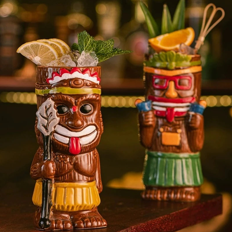 Hawaiian Style Brown Tiki Mug Creative Cocktail Mug Cup Zombie Ceramic Tiki Mug Drinkware Cup Mug for Tiki Bar Party