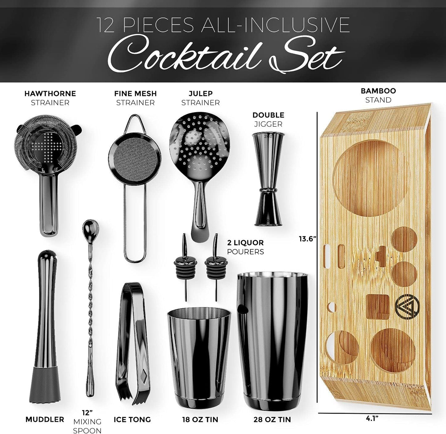 12-Piece Black Cocktail Shaker Set with Bamboo Stand, Weighted 18 & 28Oz Boston Shakers, Cocktail Muddler, Mixing Spoon, Double Jigger and Strainer Set, Perfect Bartending Mixing Kit