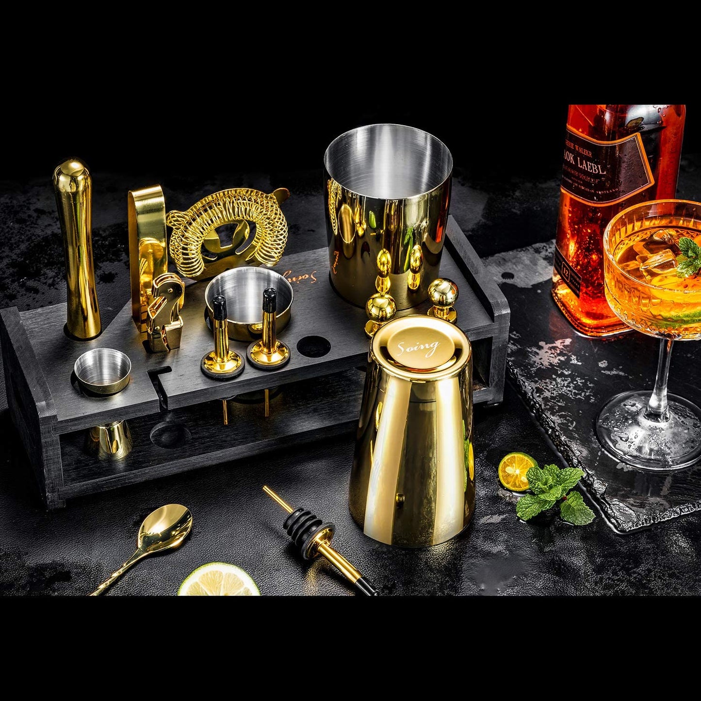 24-Piece Cocktail Shaker Set,Perfect Home Bartender Kit for Drink Mixing,Stainless Steel Bar Tools with Stand,Velvet Carry Bag & Recipes Cards Included (Gold)