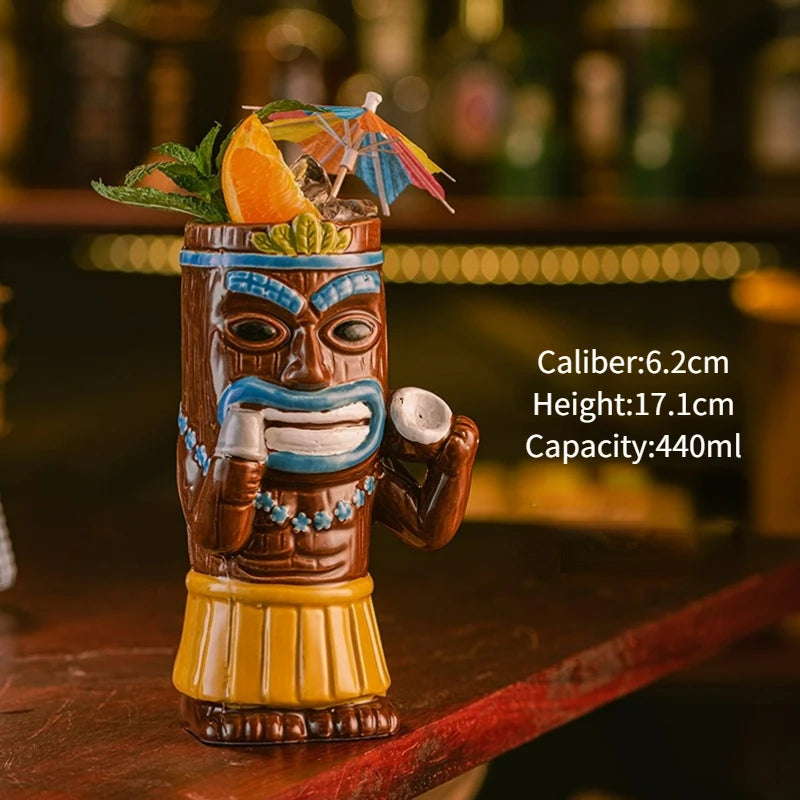 Hawaiian Style Brown Tiki Mug Creative Cocktail Mug Cup Zombie Ceramic Tiki Mug Drinkware Cup Mug for Tiki Bar Party