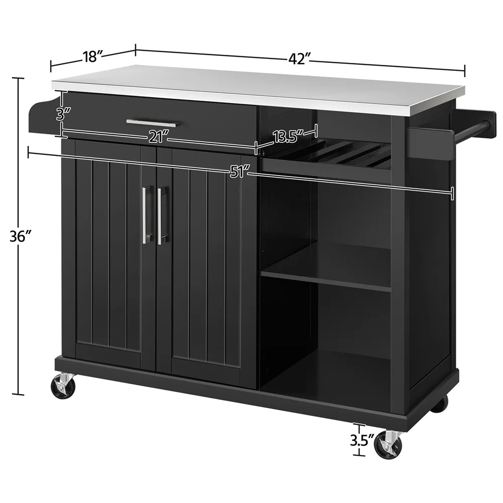 Kitchen Island Cart on Wheels with Stainless Steel Top & Open Shelves,Black