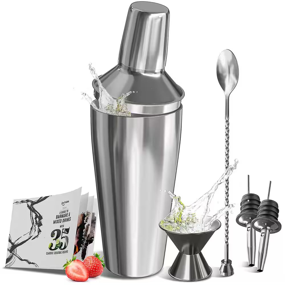 8-Piece Stainless Steel Bartender Kit - Bar Cocktail Shaker Set, 24 Oz. Martini Shaker, Book, Muddler, Jigger & Strainer