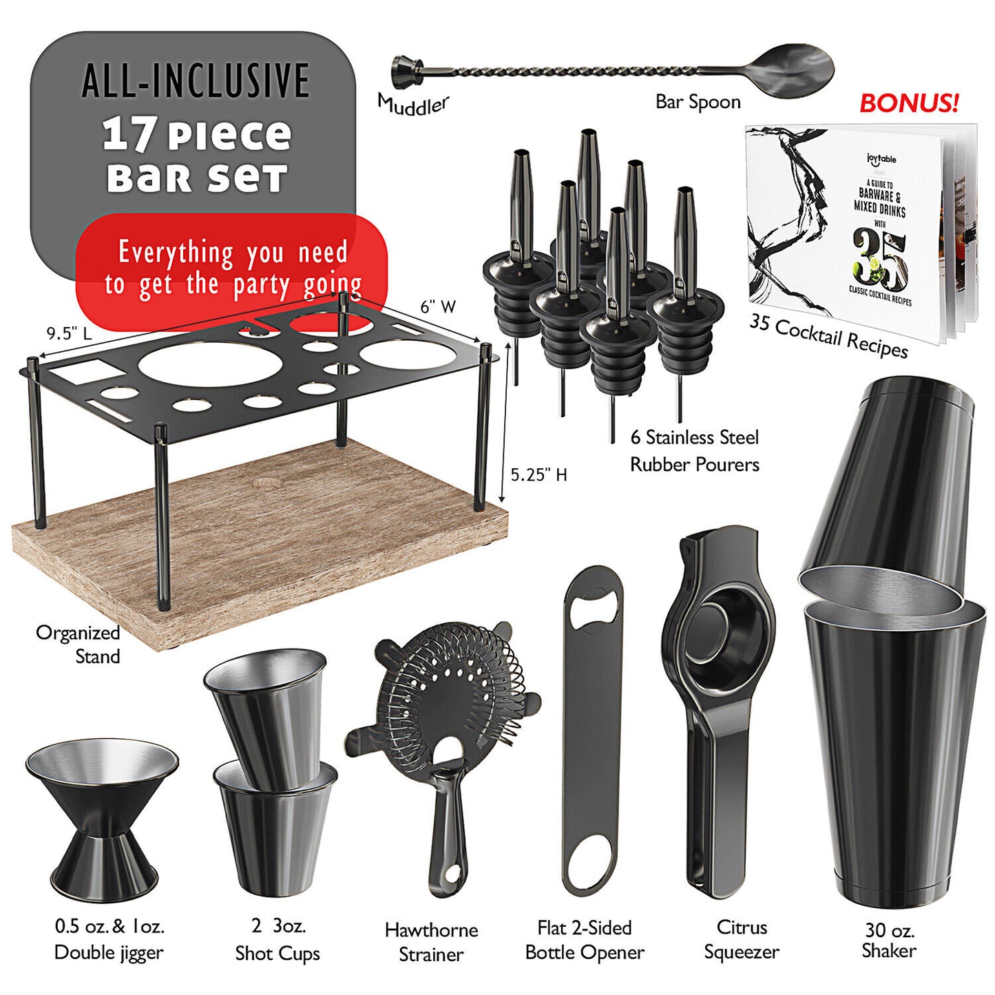 16 Pc+Stand Bartender Kit, Complete Cocktail Shaker Bar Tools Set & Recipe Book