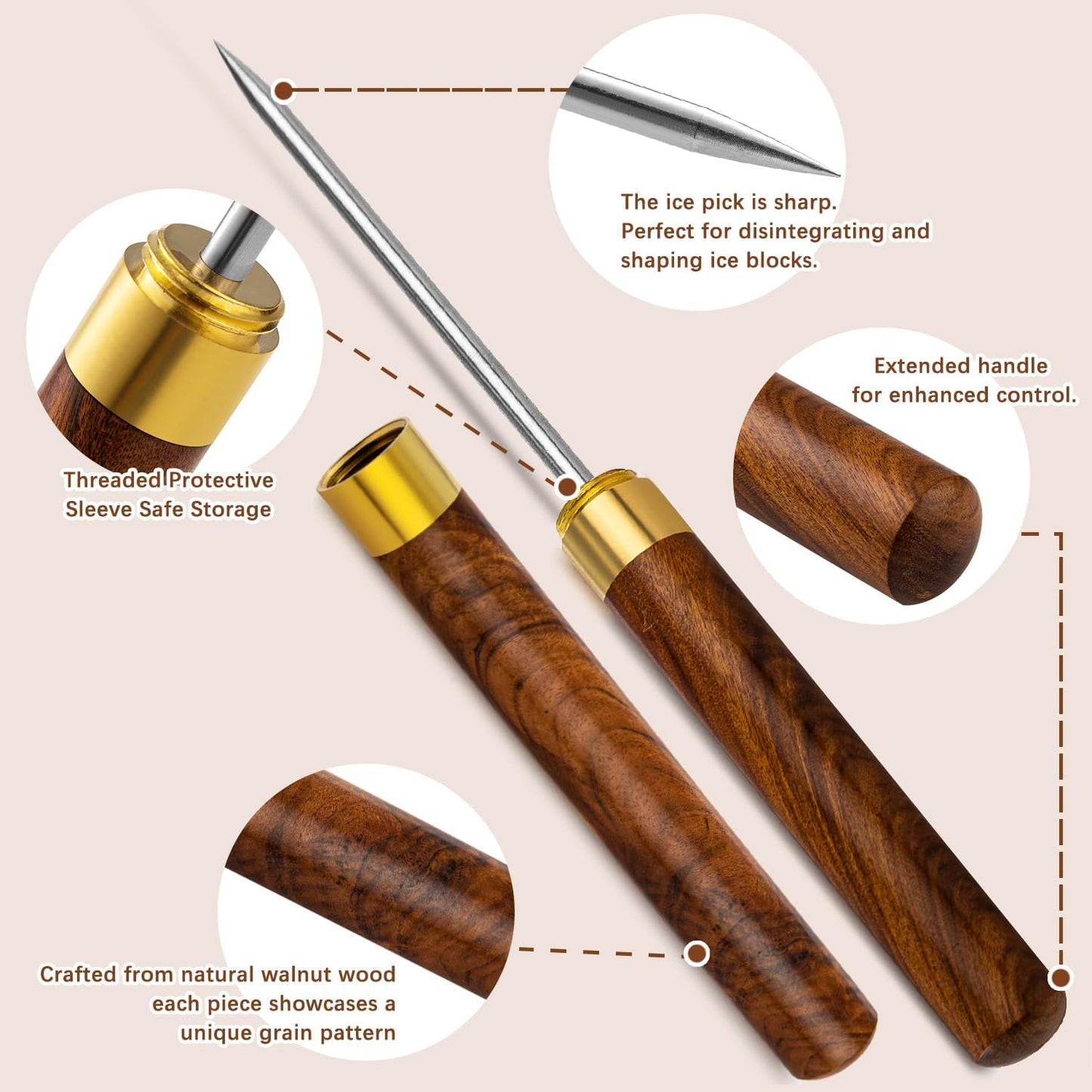 Ice Pick 2Pcs. Ice Picks for Breaking Ice. 9 Inches Length. Secure Wooden Caps and Non-Slip Wooden Handles. Easy to Store. for Use in Kitchen Bars Bartender Picnics Camping& Restaurant