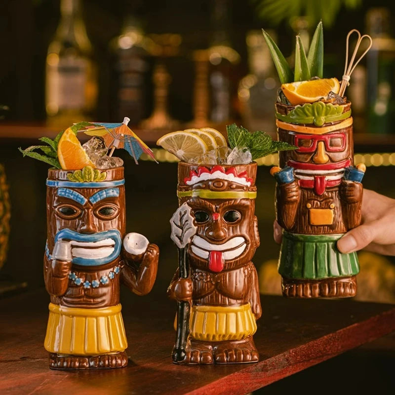 Hawaiian Style Brown Tiki Mug Creative Cocktail Mug Cup Zombie Ceramic Tiki Mug Drinkware Cup Mug for Tiki Bar Party