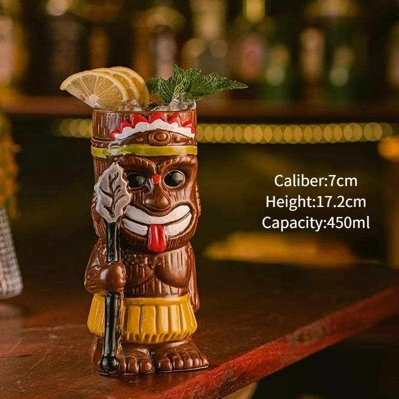 Hawaiian Style Brown Tiki Mug Creative Cocktail Mug Cup Zombie Ceramic Tiki Mug Drinkware Cup Mug for Tiki Bar Party