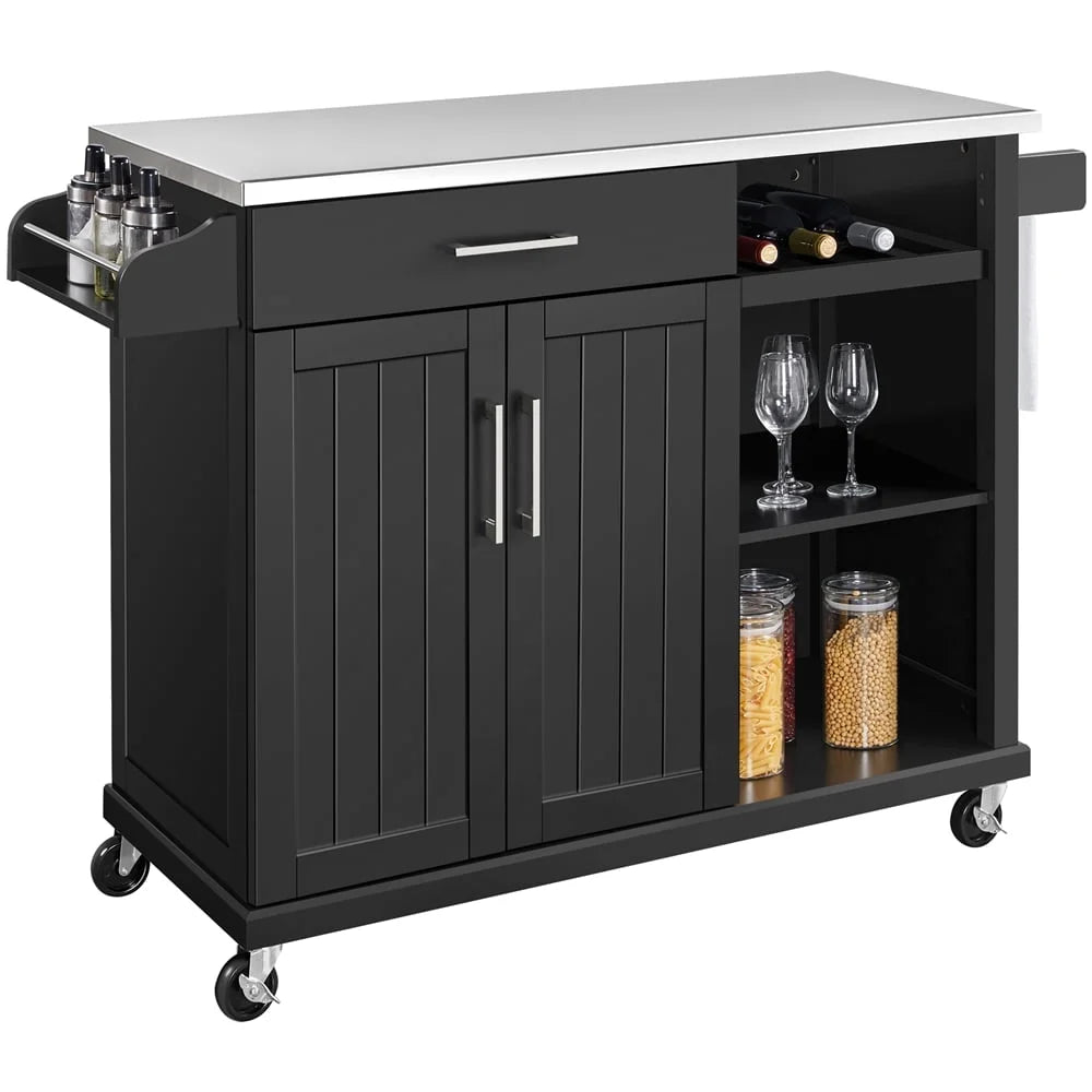 Kitchen Island Cart on Wheels with Stainless Steel Top & Open Shelves,Black