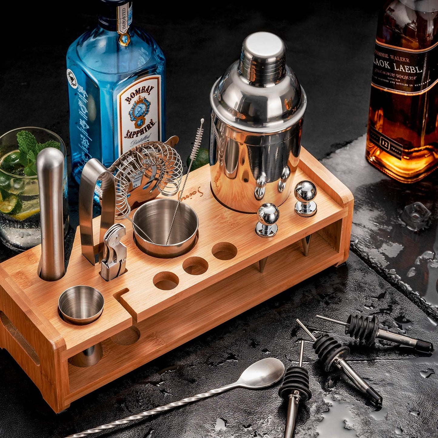 Silver 24-Piece Cocktail Shaker Set,Perfect Home Bartending Kit for Drink Mixing,Stainless Steel Bar Tools with Stand,Velvet Carry Bag & Recipes Included
