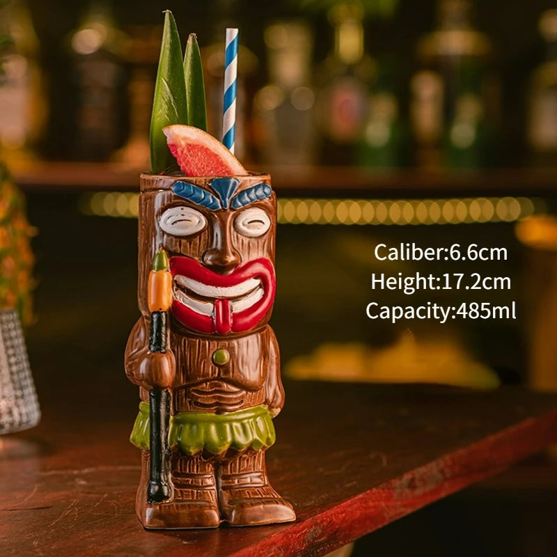 Hawaiian Style Brown Tiki Mug Creative Cocktail Mug Cup Zombie Ceramic Tiki Mug Drinkware Cup Mug for Tiki Bar Party