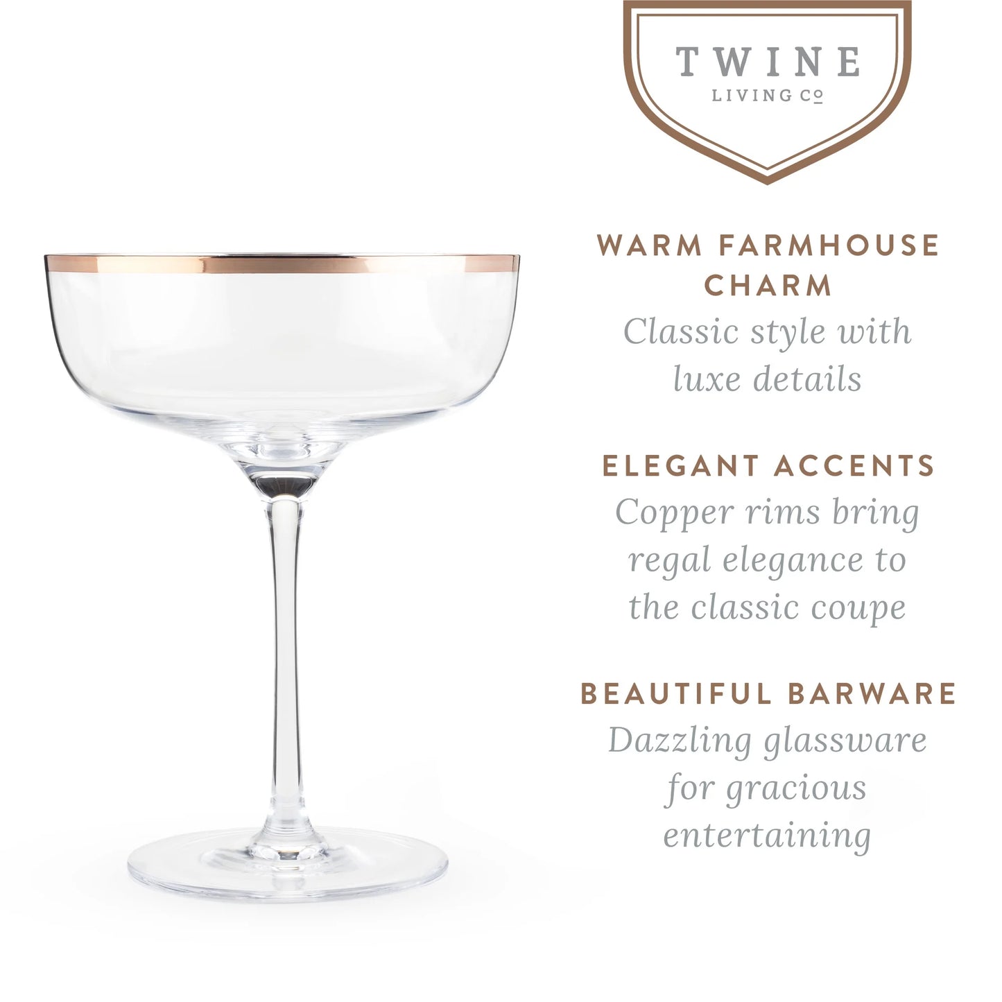 Copper Rim Vintage Cocktail Crystal Champagne Coupe Glasses, Set of 2
