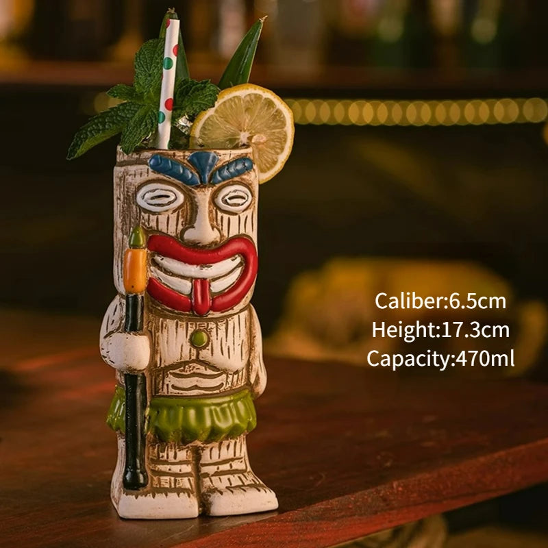 Hawaiian Style Brown Tiki Mug Creative Cocktail Mug Cup Zombie Ceramic Tiki Mug Drinkware Cup Mug for Tiki Bar Party