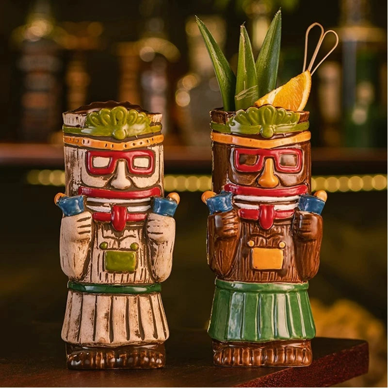 Hawaiian Style Brown Tiki Mug Creative Cocktail Mug Cup Zombie Ceramic Tiki Mug Drinkware Cup Mug for Tiki Bar Party
