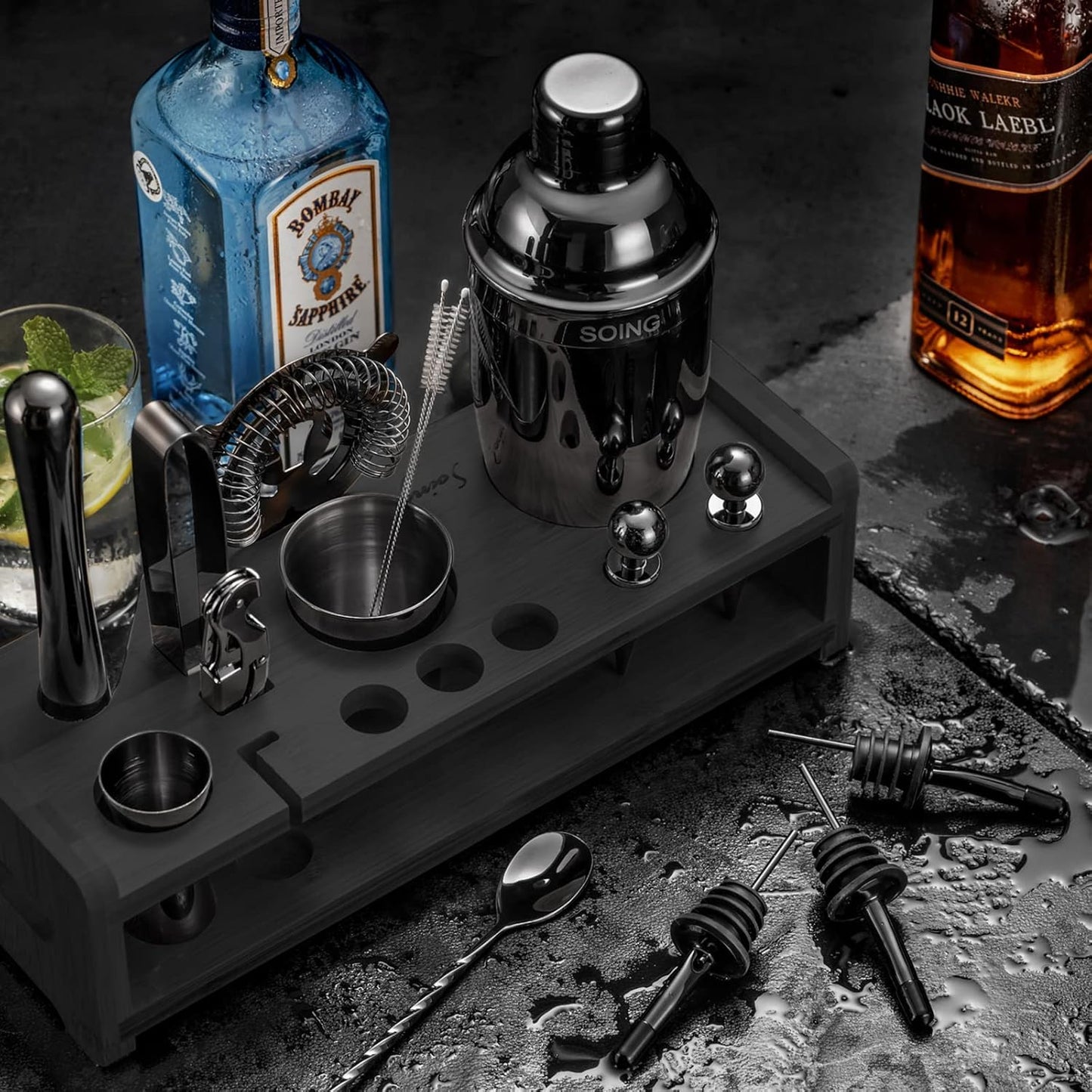 24-Piece Bartender Kit with Stand,Perfect Mixology Bar Kit Cocktail Shaker Set for Drink Mixing,Stainless Steel Bar Tools with All Needed Accessories,Recipes