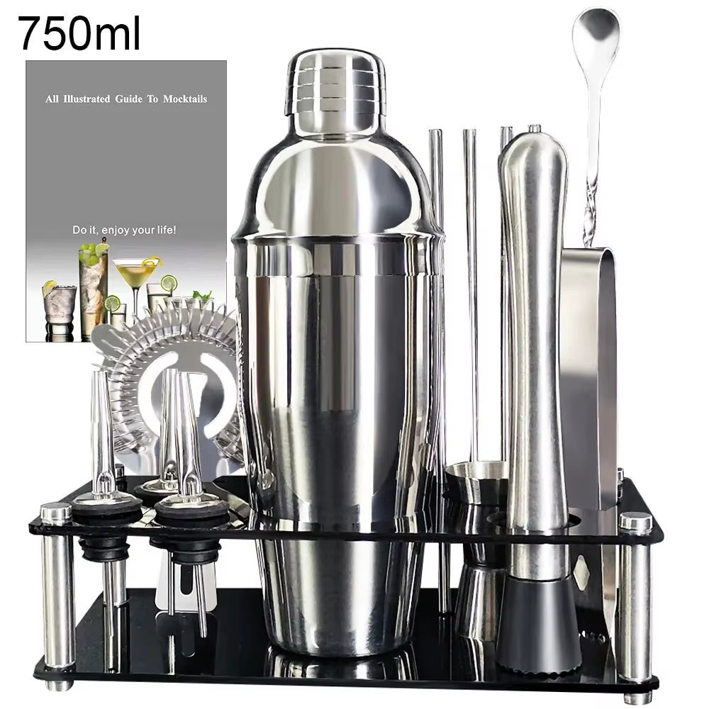 13 Piece 750Ml 600Ml Cocktail Shaker Set Stainless Steel Bar Tools with Black Stand, 750Ml Shaker, Jigger, Spoon, Pourers