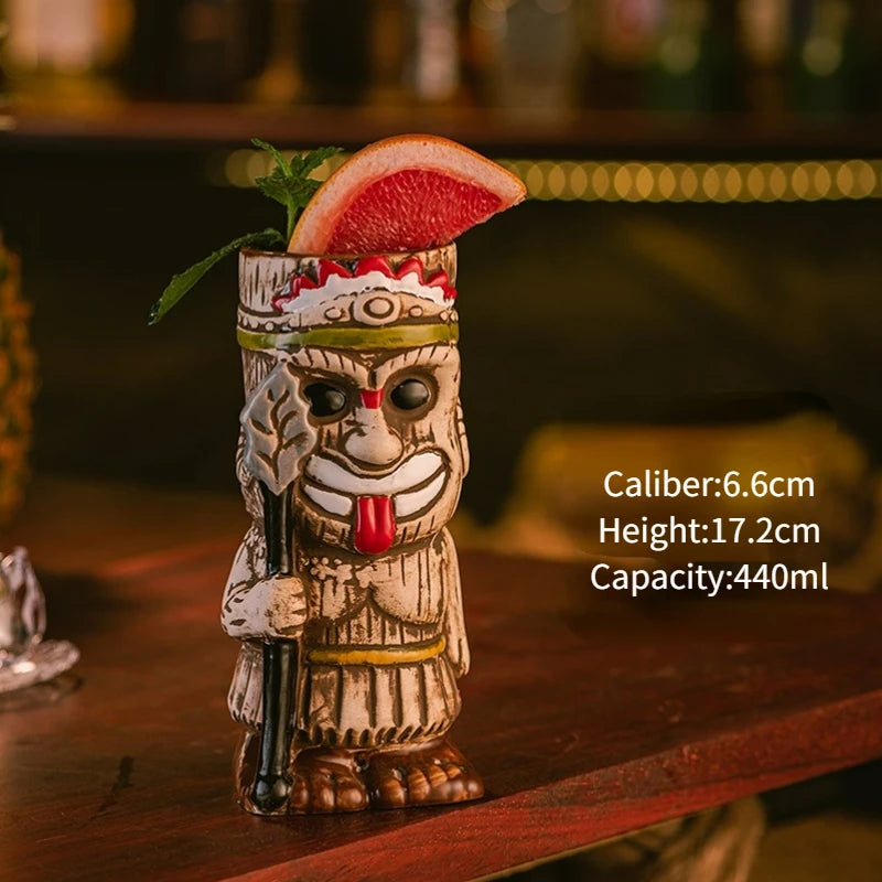 Hawaiian Style Brown Tiki Mug Creative Cocktail Mug Cup Zombie Ceramic Tiki Mug Drinkware Cup Mug for Tiki Bar Party
