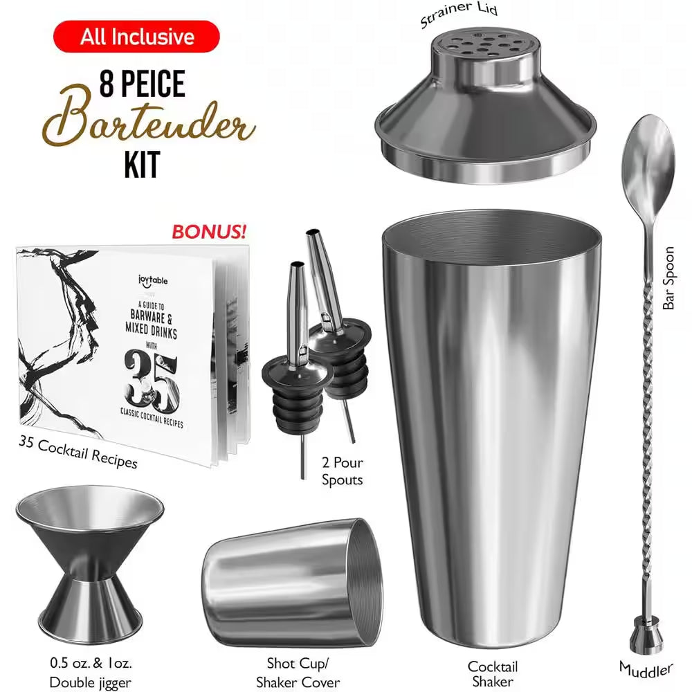 8-Piece Stainless Steel Bartender Kit - Bar Cocktail Shaker Set, 24 Oz. Martini Shaker, Book, Muddler, Jigger & Strainer