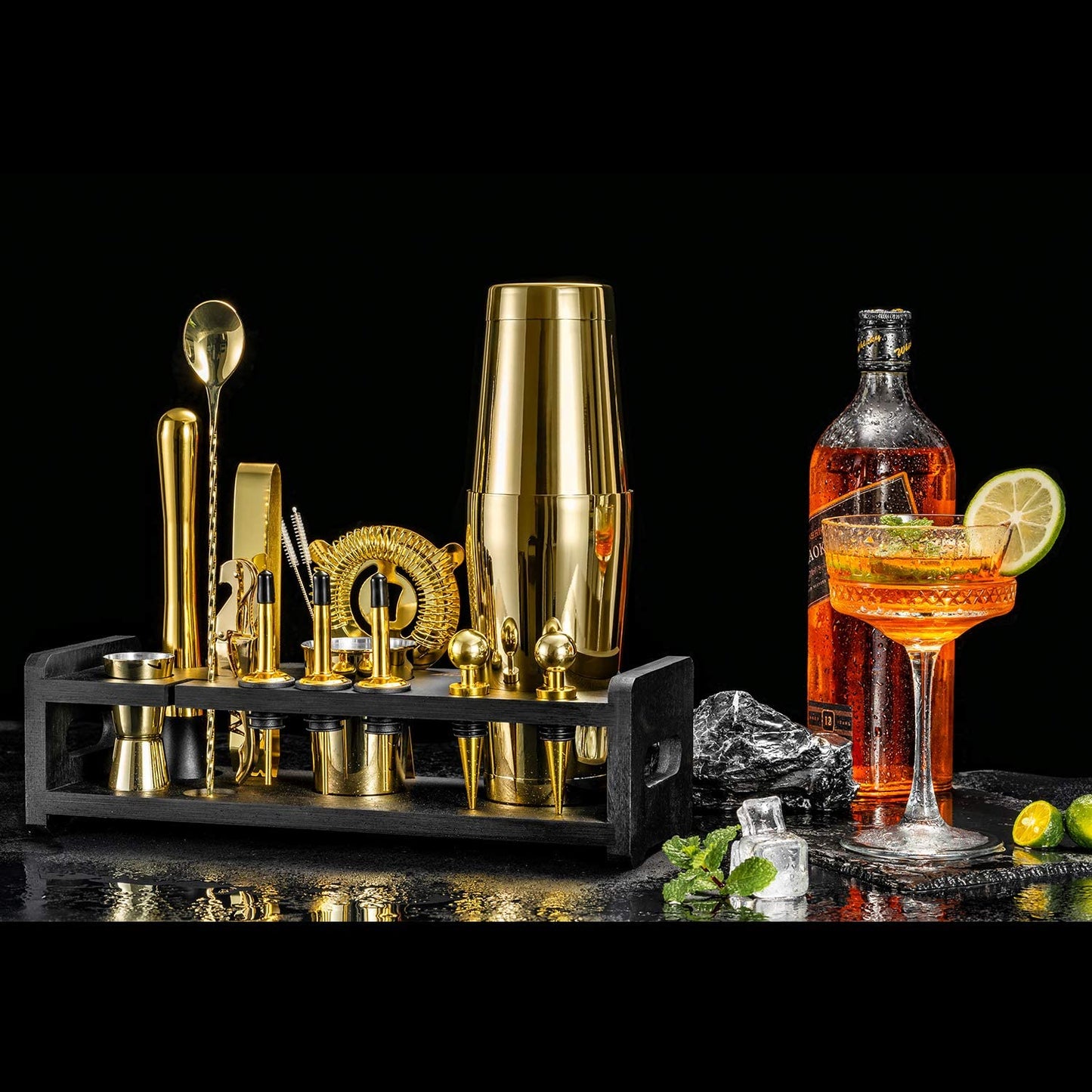 24-Piece Cocktail Shaker Set,Perfect Home Bartender Kit for Drink Mixing,Stainless Steel Bar Tools with Stand,Velvet Carry Bag & Recipes Cards Included (Gold)