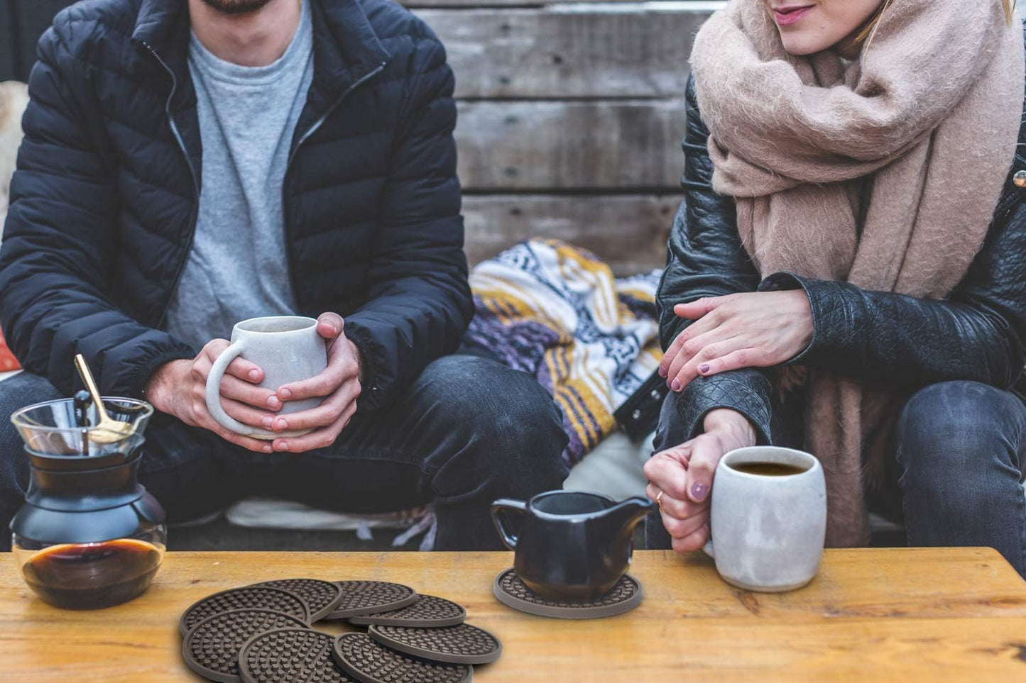 Coasters for Drinks Absorbent, Rubber Brown Coasters Set of 8, Large Silicone Drink Coasters for Furniture Protection, Deep Tray 4.3 Inch Hearts Buds Reusable Heat-Resistant Mat