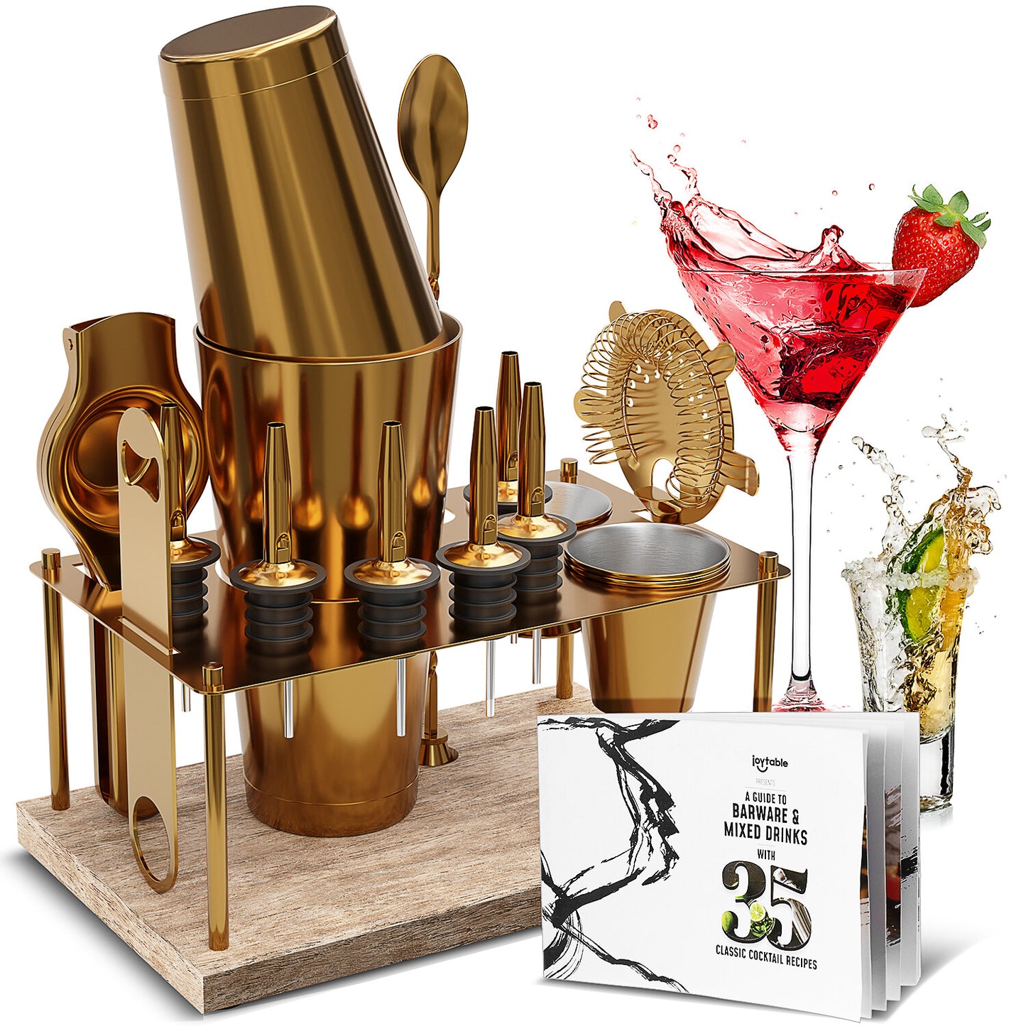 16 Pc+Stand Bartender Kit, Complete Cocktail Shaker Bar Tools Set & Recipe Book