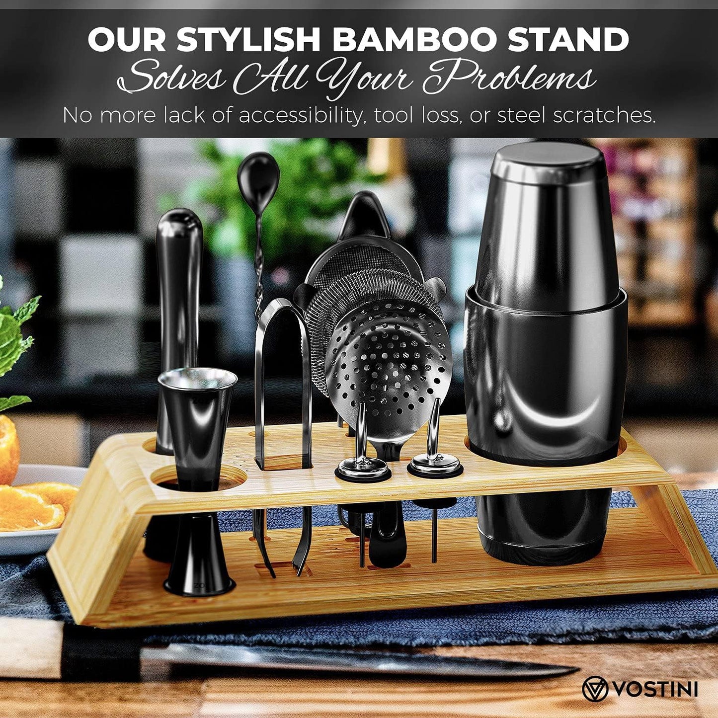 12-Piece Black Cocktail Shaker Set with Bamboo Stand, Weighted 18 & 28Oz Boston Shakers, Cocktail Muddler, Mixing Spoon, Double Jigger and Strainer Set, Perfect Bartending Mixing Kit