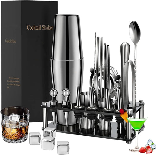 Cocktail Shaker Set,  20 Pieces 750Ml Professional Stainless Steel Cocktail Shaker with Boston Shaker, Strainer, Measuring Cup, Mixing Spoon, Great Gift Kit