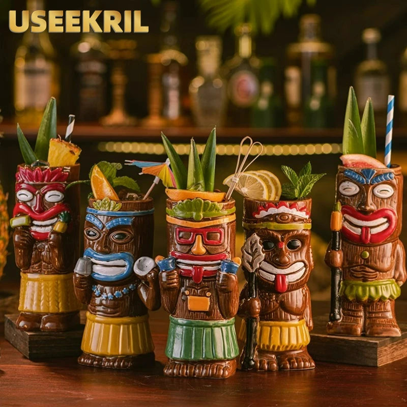 Hawaiian Style Brown Tiki Mug Creative Cocktail Mug Cup Zombie Ceramic Tiki Mug Drinkware Cup Mug for Tiki Bar Party