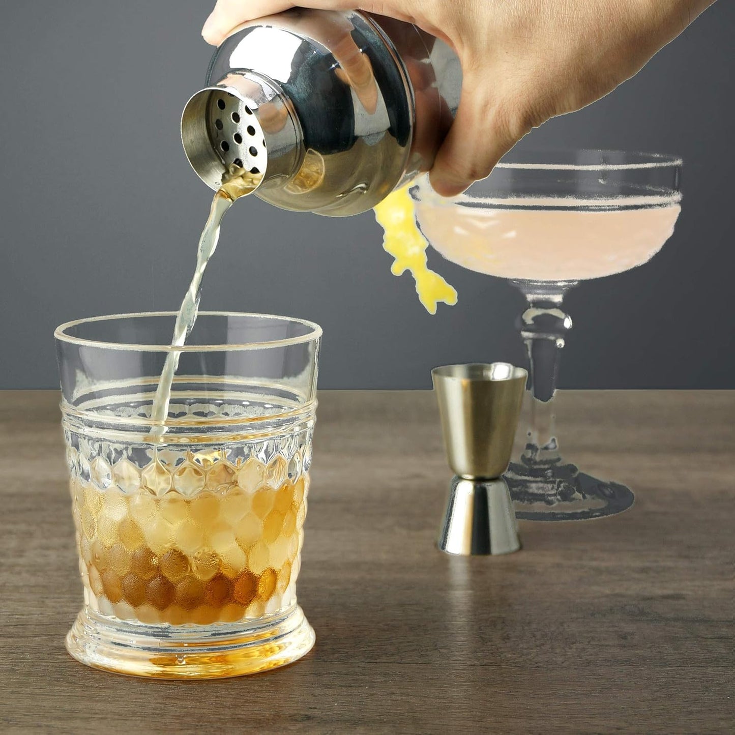 Professional Cocktail Shaker - 24 Oz Stainless Martini Tin with Built-In Strainer and Measuring Cup - Perfect for Mixing Drinks
