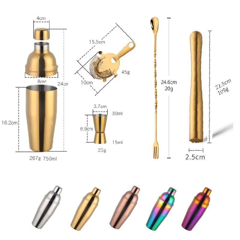 750Ml Stainless Steel Boston Cocktail Set Shaker Wine Pourers Gold Bar Tool Set with Strainer Measure Cup Bartender