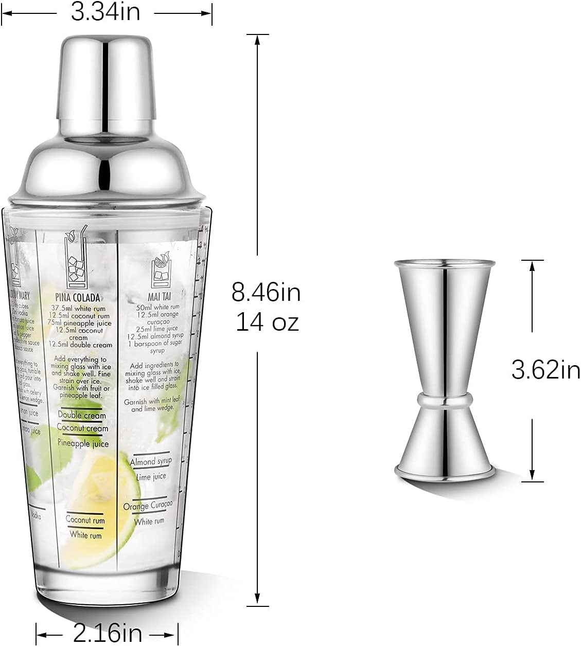 Glass Cocktail Shaker Printed with Recipes,14 Oz Martini Shaker with Double Measuring Jigger,18/8 Grade Stainless Steel Mixing Shaker,Leak-Proof Lid,Drink Shaker,Bartender Kit Gifts.