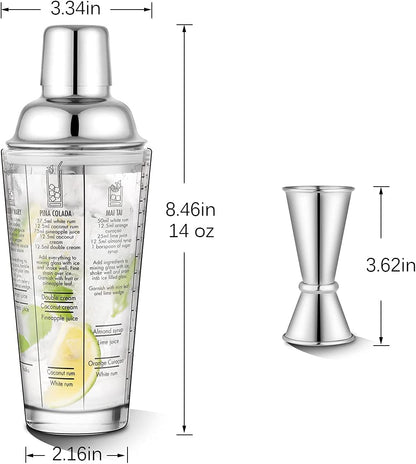 Glass Cocktail Shaker Printed with Recipes,14 Oz Martini Shaker with Double Measuring Jigger,18/8 Grade Stainless Steel Mixing Shaker,Leak-Proof Lid,Drink Shaker,Bartender Kit Gifts.