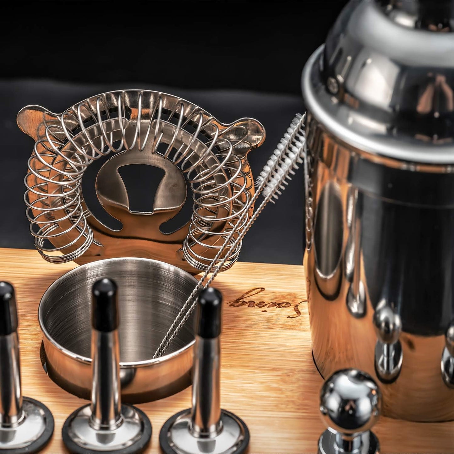 Silver 24-Piece Cocktail Shaker Set,Perfect Home Bartending Kit for Drink Mixing,Stainless Steel Bar Tools with Stand,Velvet Carry Bag & Recipes Included