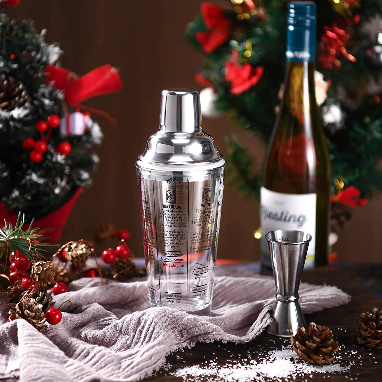 Glass Cocktail Shaker Printed with Recipes,14 Oz Martini Shaker with Double Measuring Jigger,18/8 Grade Stainless Steel Mixing Shaker,Leak-Proof Lid,Drink Shaker,Bartender Kit Gifts.