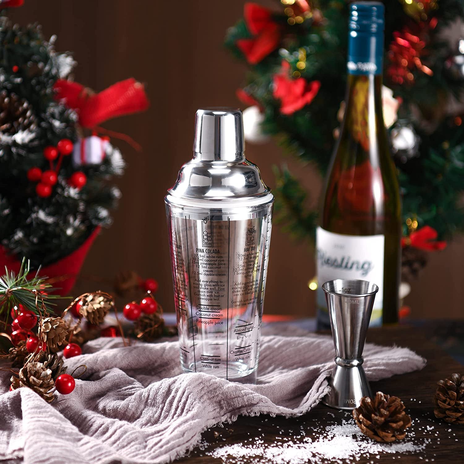 Glass Cocktail Shaker Printed with Recipes,14 Oz Martini Shaker with Double Measuring Jigger,18/8 Grade Stainless Steel Mixing Shaker,Leak-Proof Lid,Drink Shaker,Bartender Kit Gifts.